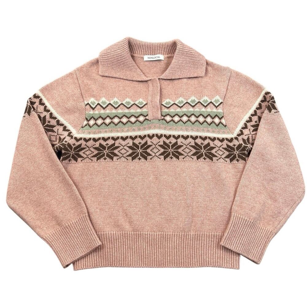 NONLOCAL Snowflake Wool Blend Sweater Pink Fair Isle Collared Pullover Size Free